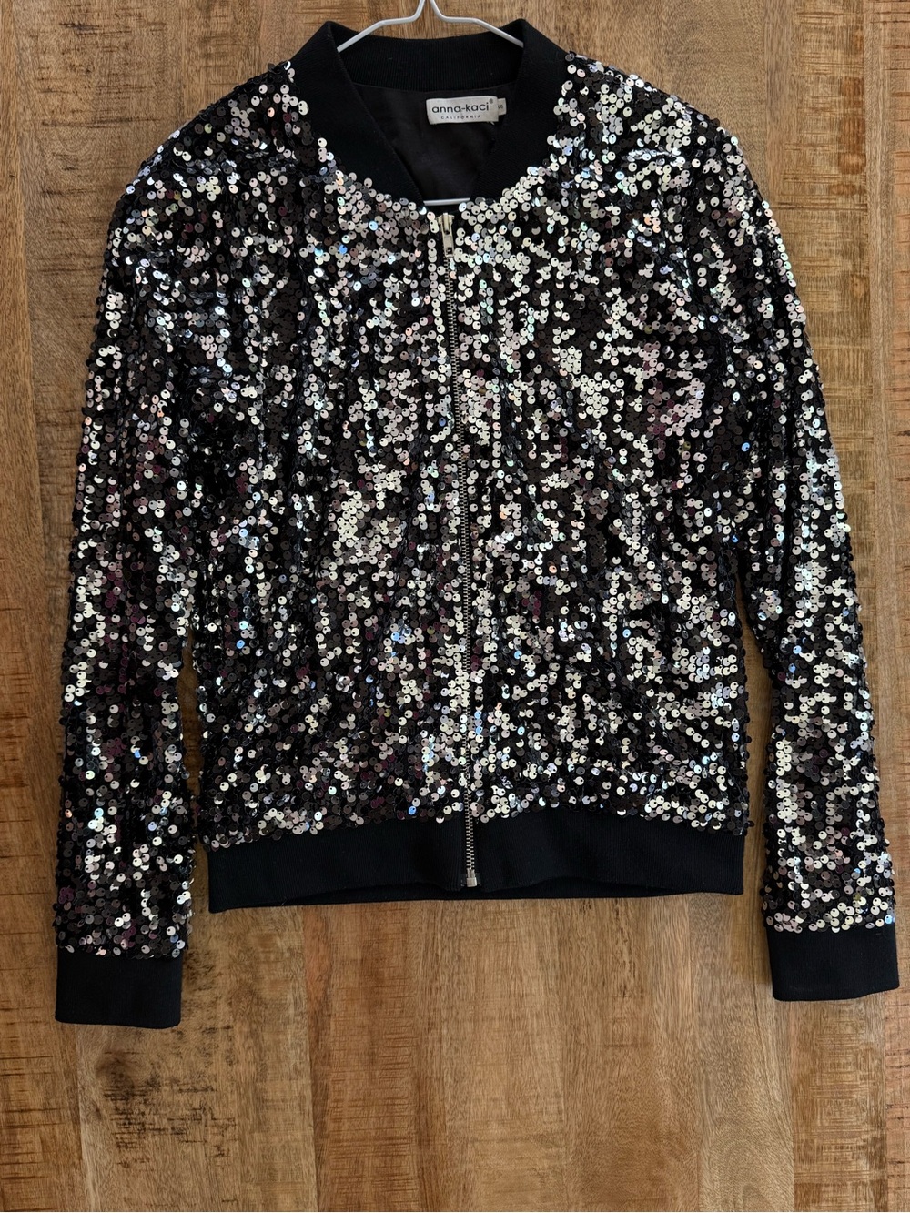 Anna Kaci Black Silver Sequin Zip Up Bomber Jacket Small Party Glam⁠